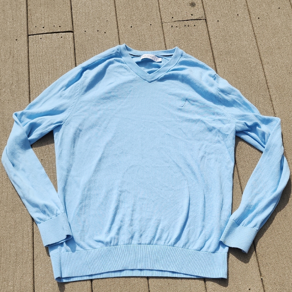 (M) Men's Nautica Baby Blue V-Neck Sweater Academia Office Soft Comfy Cozy Fall